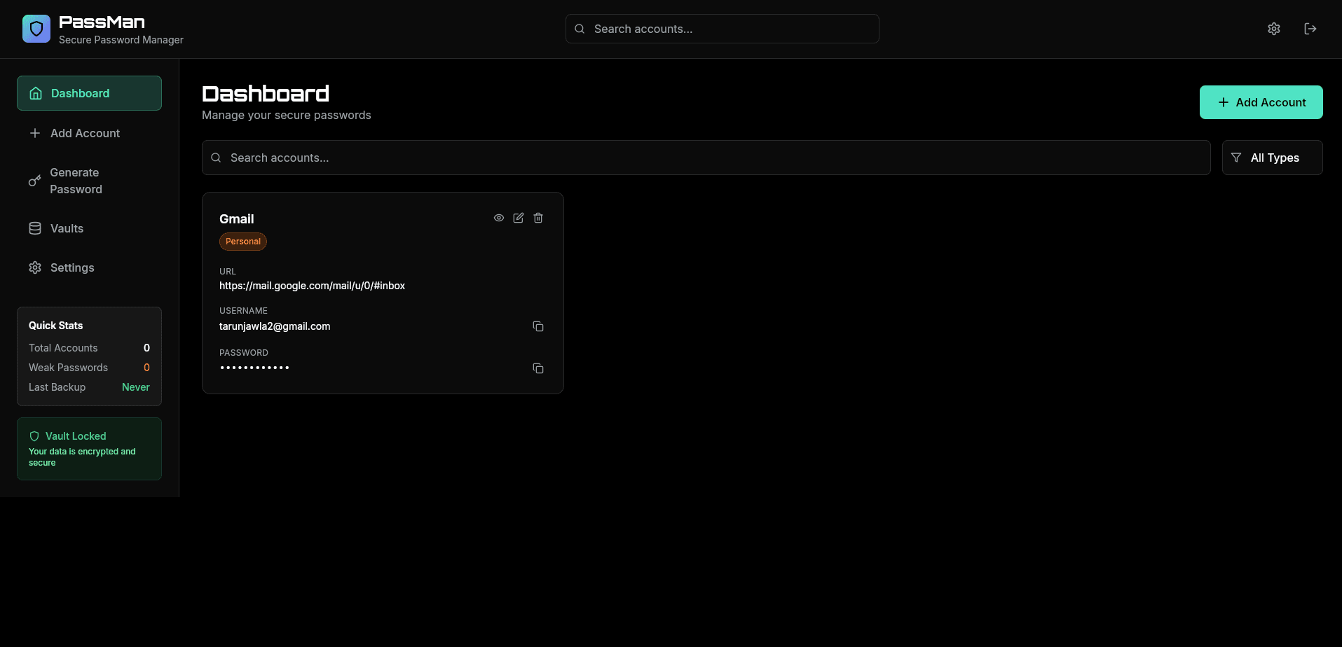 PassMan - Secure Local Password Manager - Web Development Project by Tarun Jawla